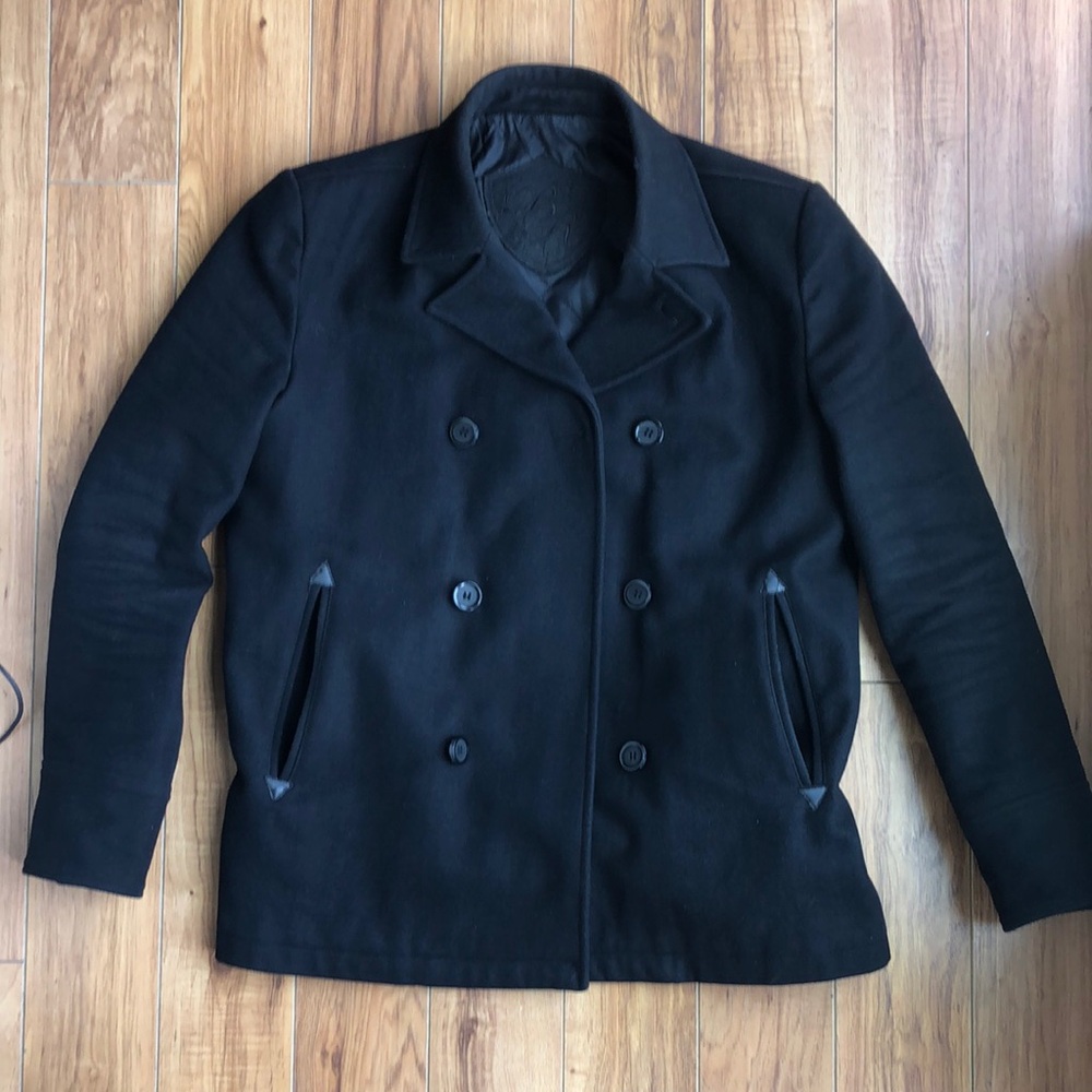 BLACK RIVET Men’s Classic Black Peacoat, Size Large